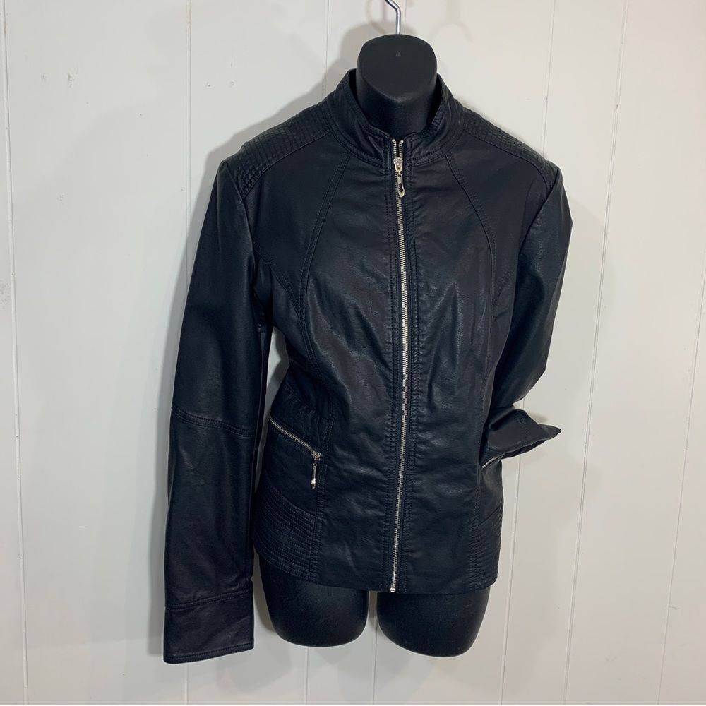 LA Coalition Faux Black Leather Biker Jacket with Ribbed Accents Large